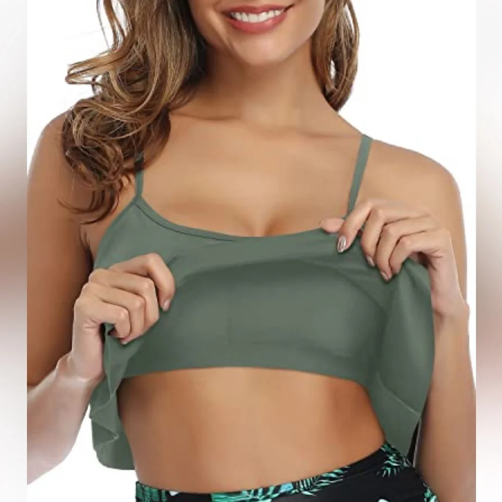 ruffle feminine khaki green swim bra size Large new